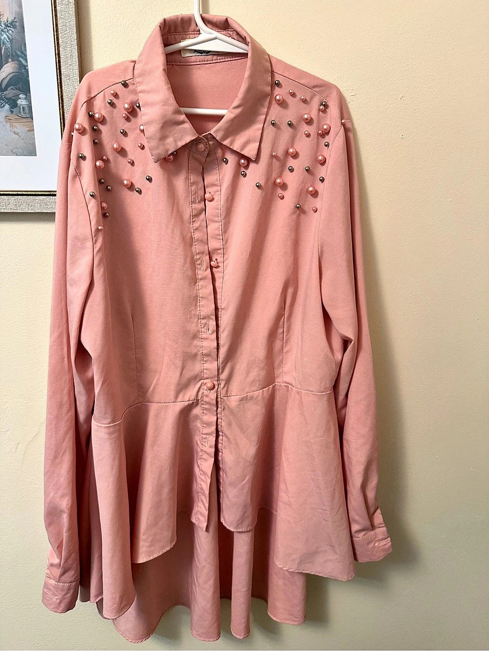 JULIA Beaded Button Down Shirt in Pink Size Small